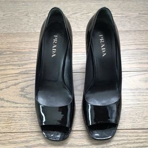 Black patent leather Prada open peek toe pumps, size 37 (u.s. Size 7)
